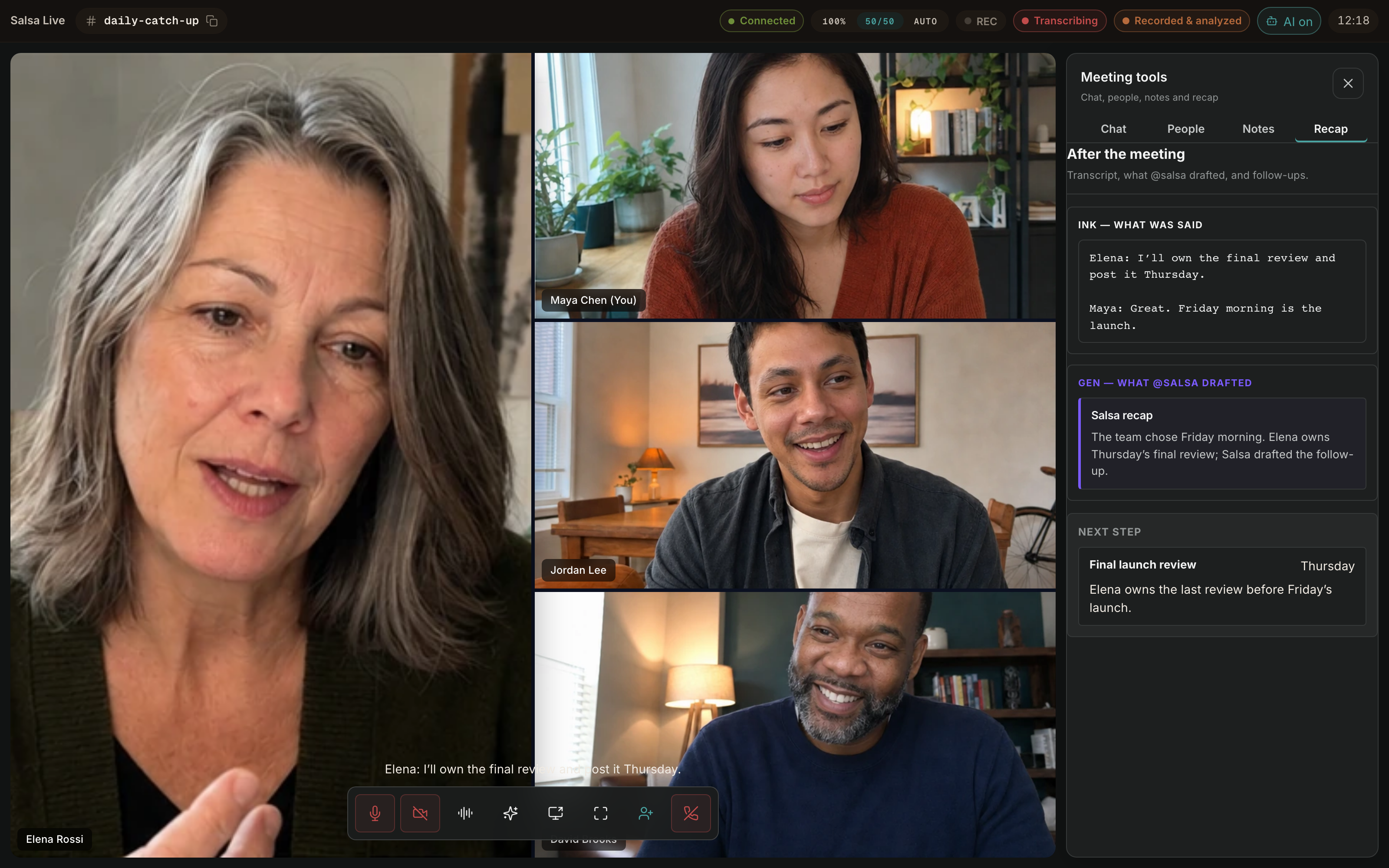 The real Salsa In-View interface with Elena speaking and the meeting recap open beside the conversation