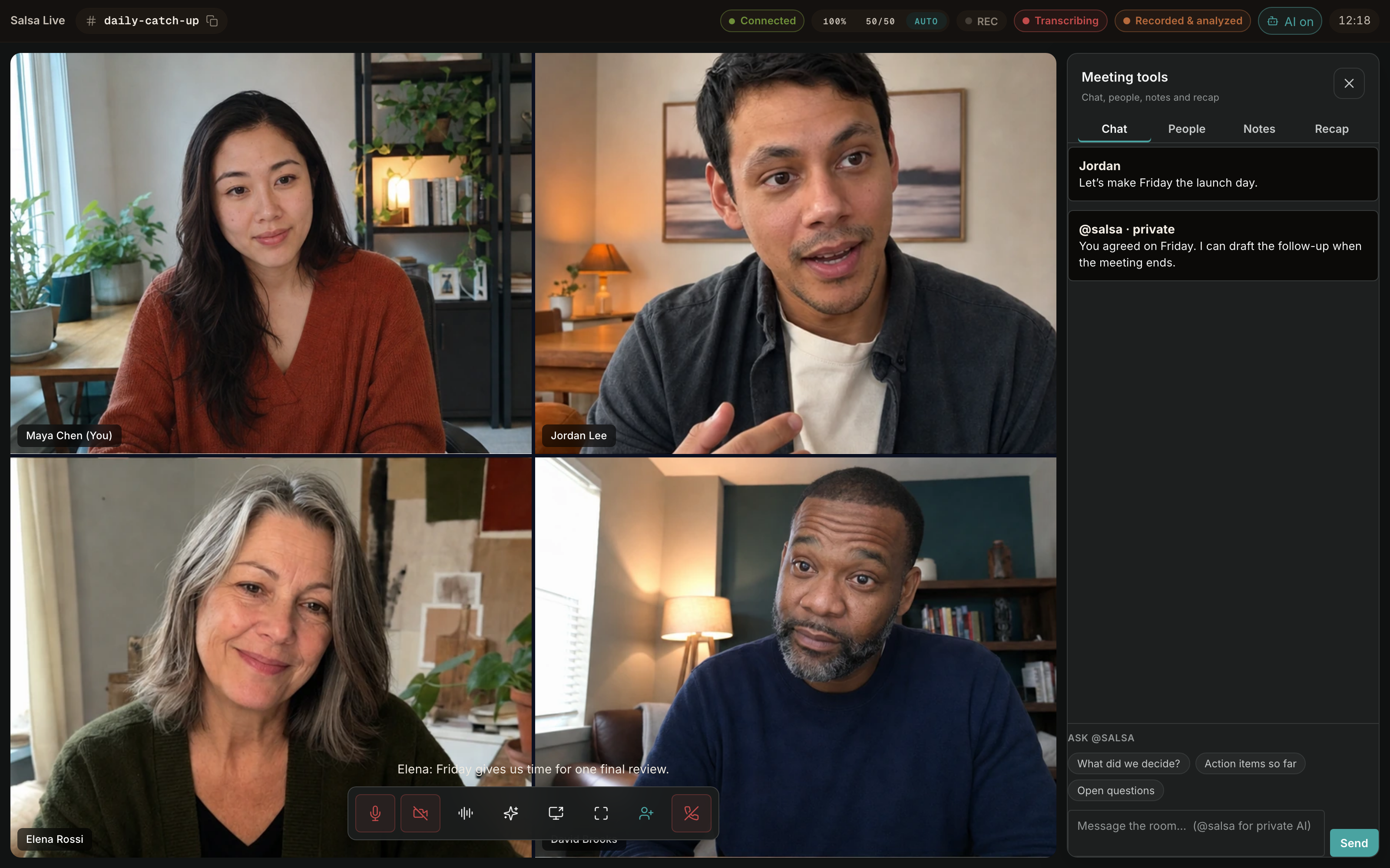 The real Salsa In-View interface with four fictional participants in a balanced grid and shared meeting controls