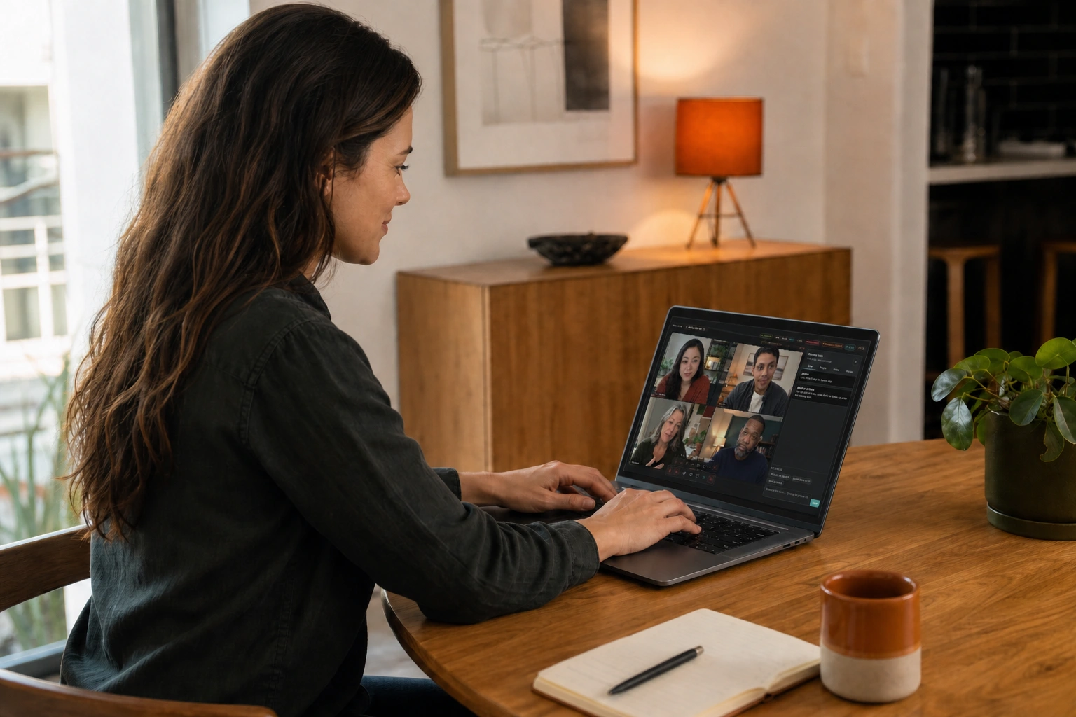 A woman naturally using the real Salsa In-View interface on an angled laptop
