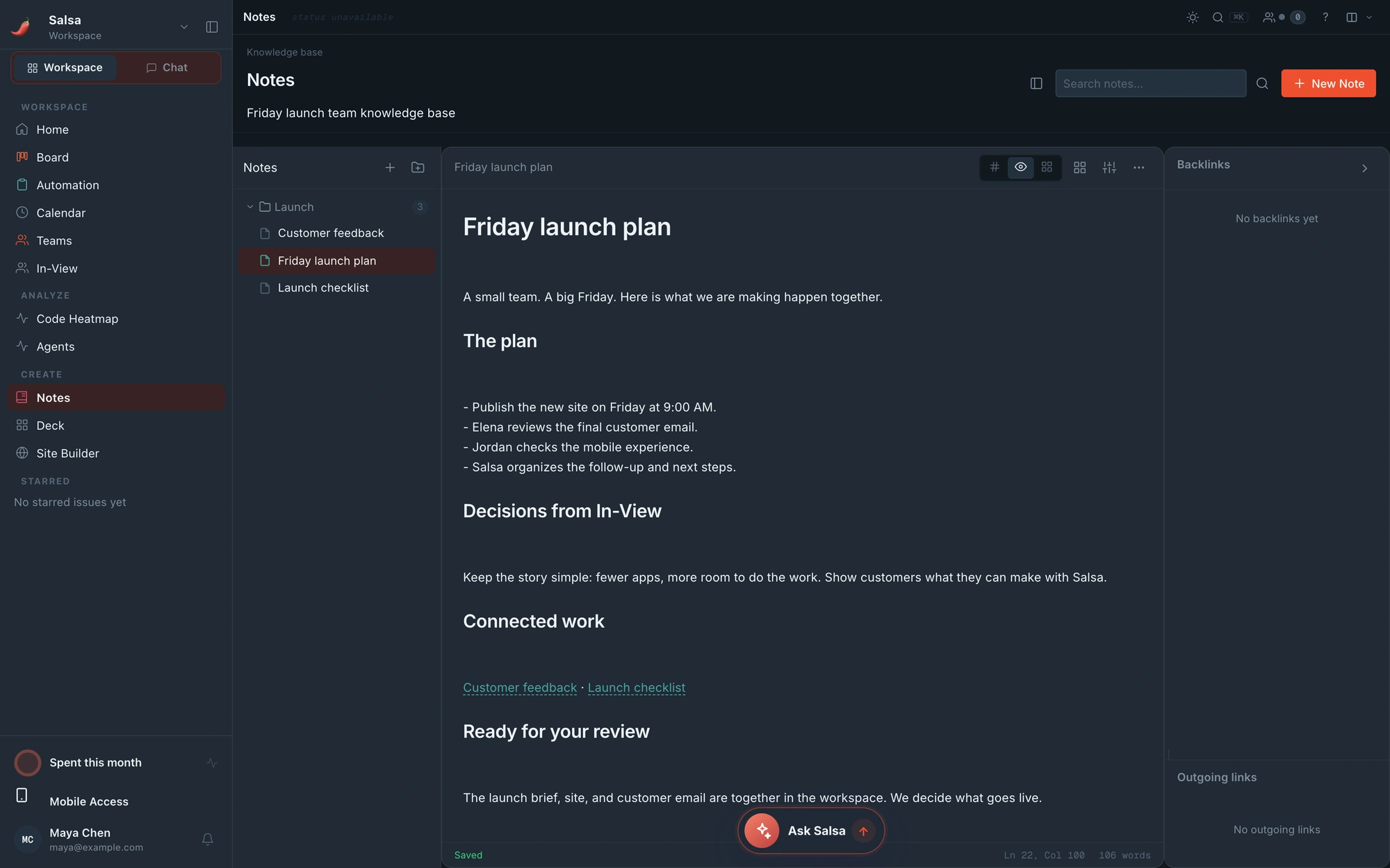 Actual Salsa Notes with a shared launch plan connected to decisions and next steps