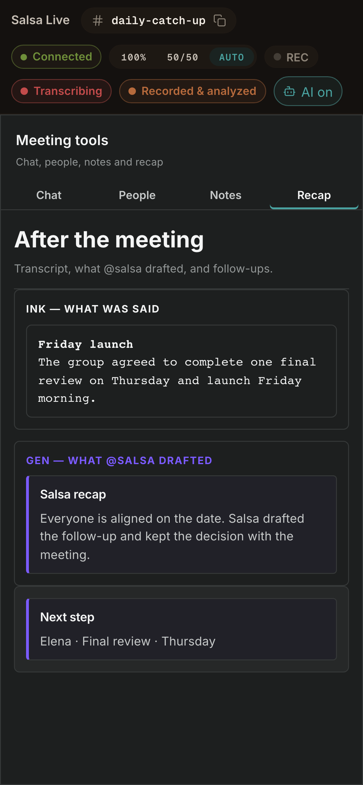 The Salsa mobile recap interface with a summary, decisions, and next steps